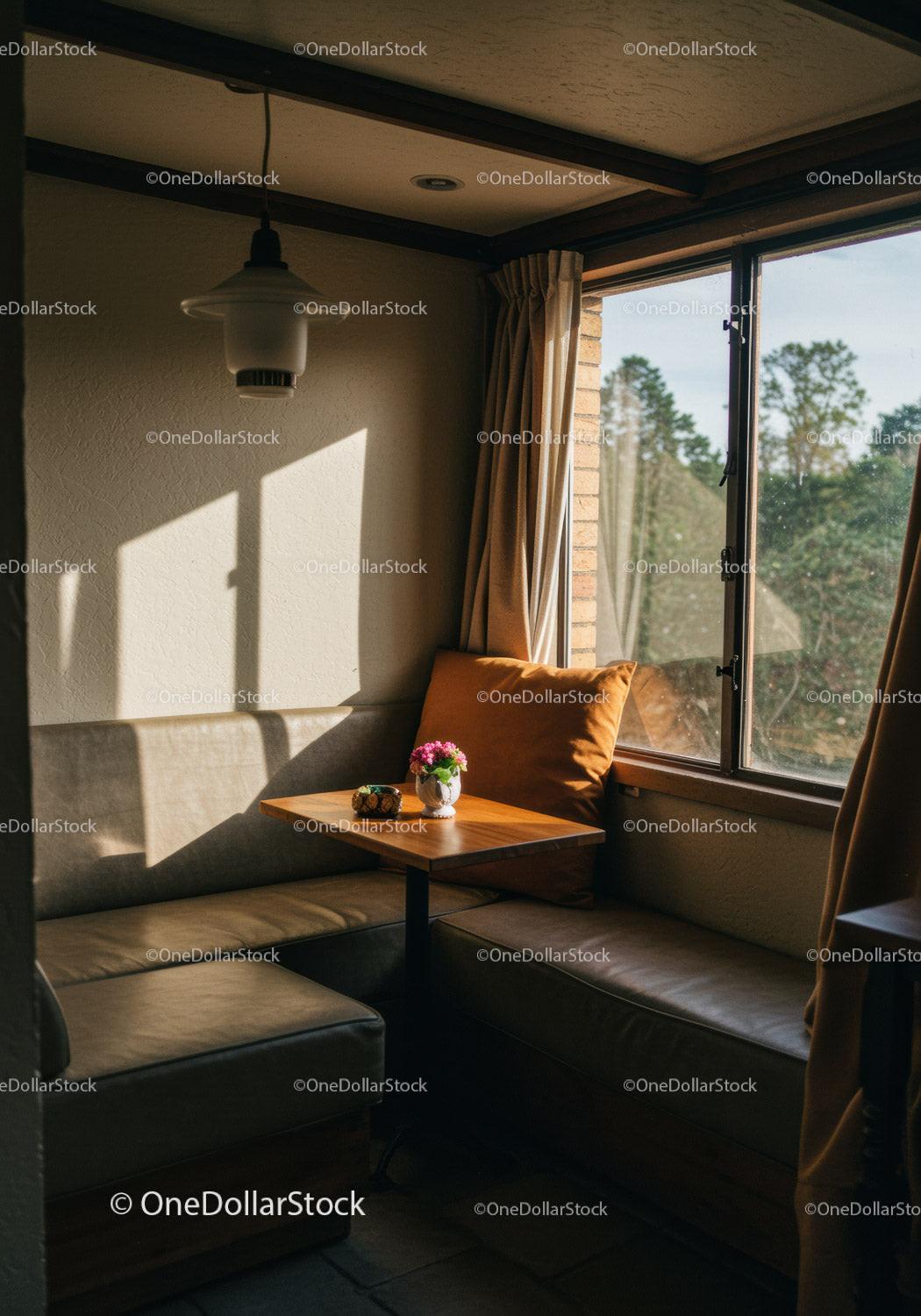 Sunlit Cozy Corner with Wooden Table and Flower Vase in Living Room