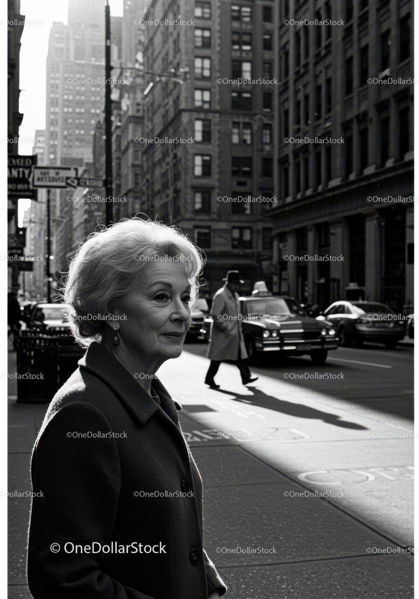 Urban City Street Scene with Older Woman in Black and White