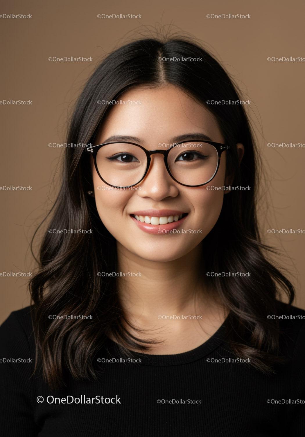 Young Asian Woman in Glasses Smiling for Professional Portrait