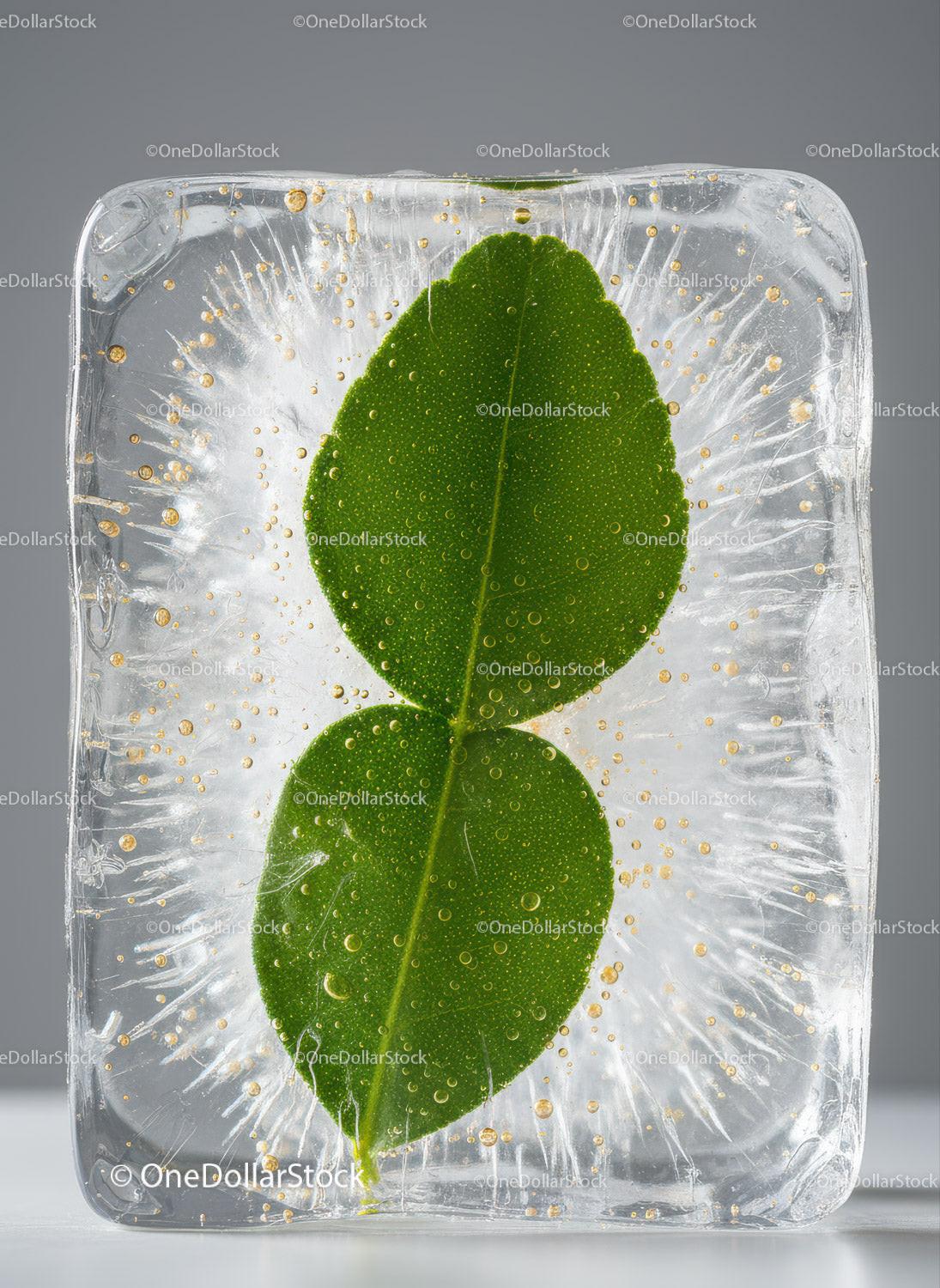 Fresh Green Leaves Frozen in Transparent Ice Cube