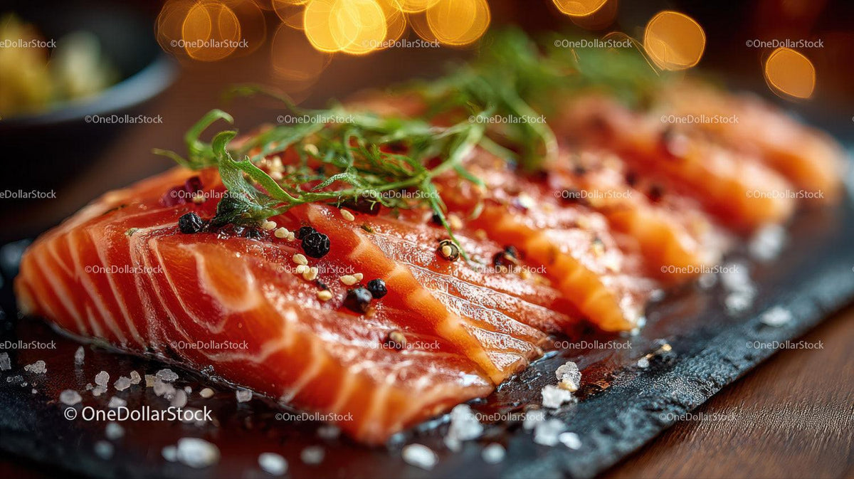 Fresh Sliced Smoked Salmon with Herbs and Sea Salt on Black Plate Stock Photo Bundle preview 20