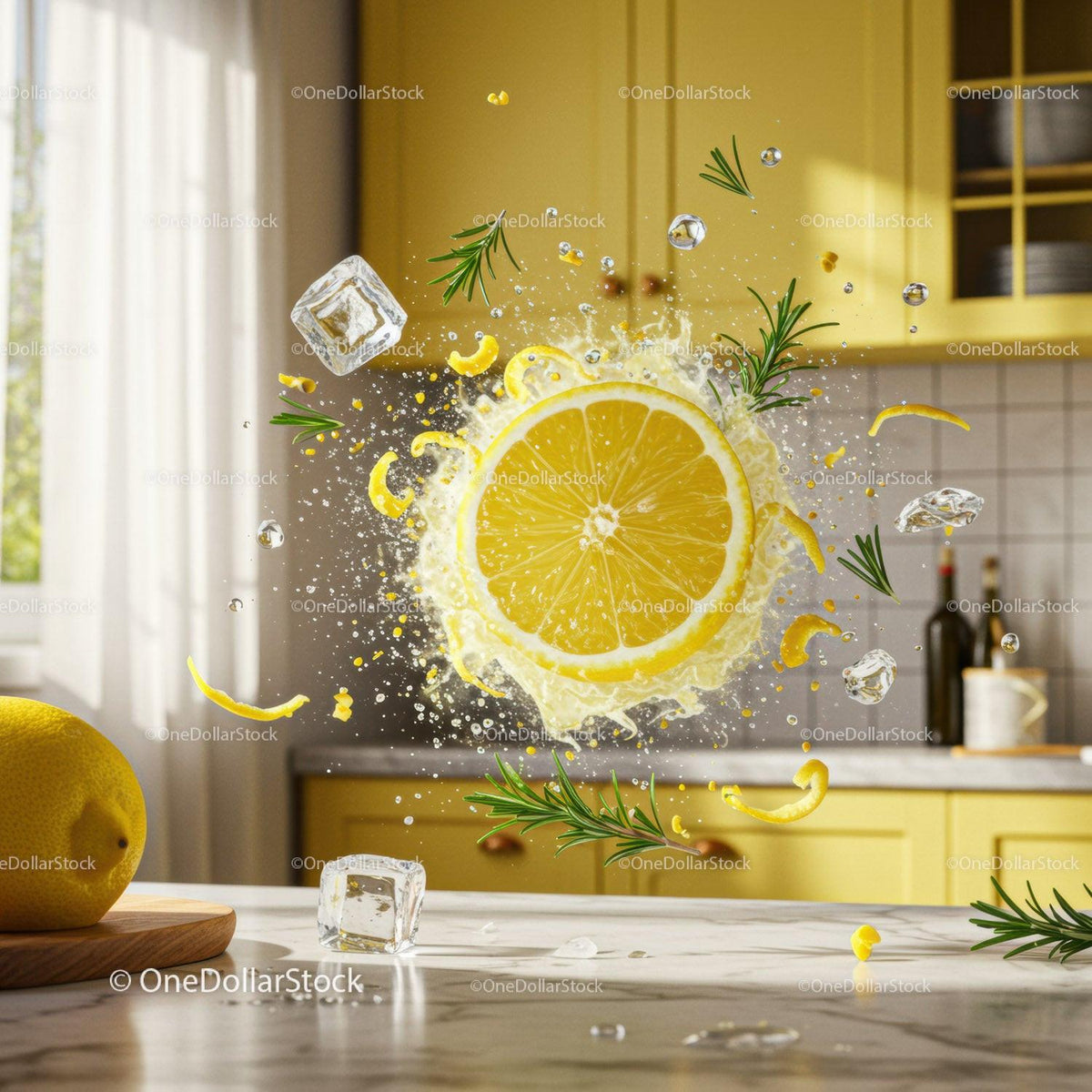 Fresh lemon splash with ice and rosemary in kitchen
