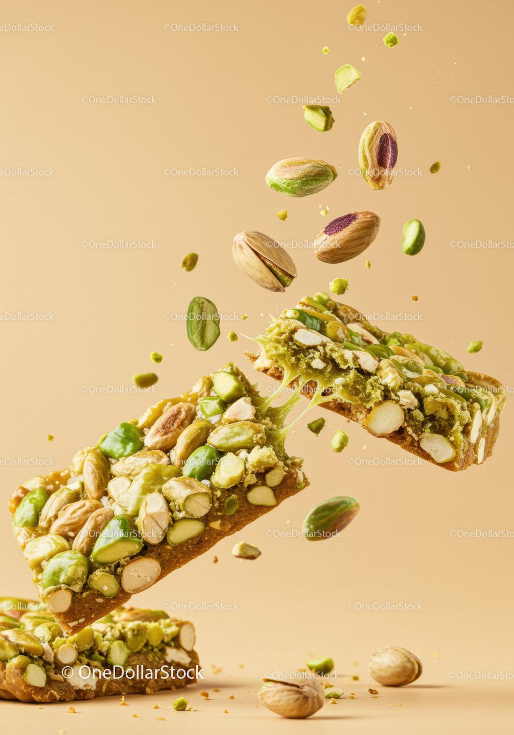 Crunchy pistachio nut bar breaking apart mid-air