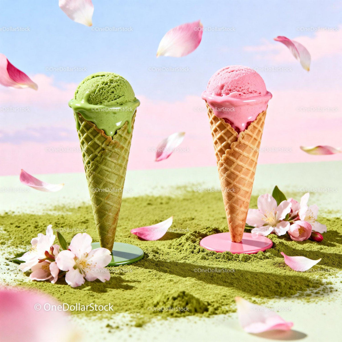 Refreshing Matcha and Strawberry Ice Cream Cones