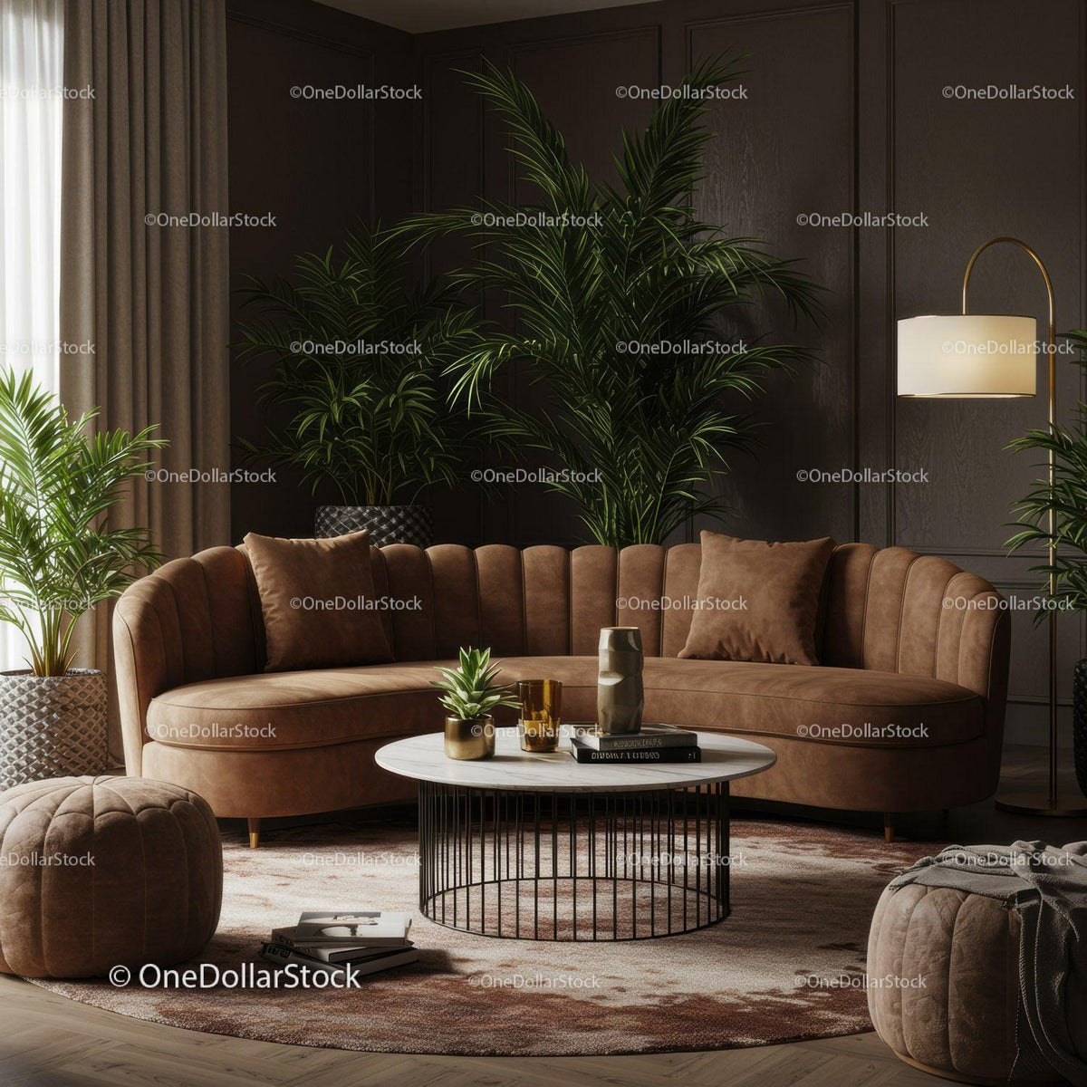 Cozy brown curved sofa in stylish modern living room
