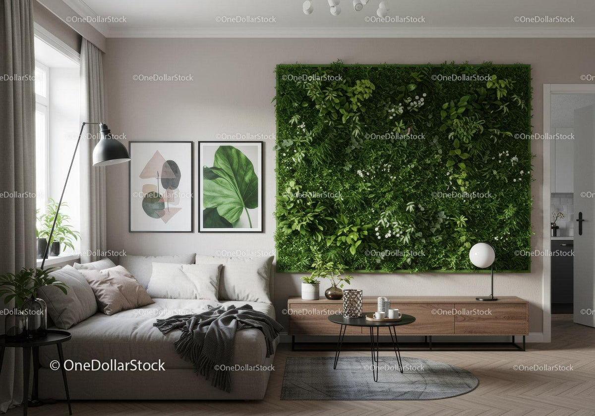 Indoor Living Room with Lush Green Vertical Garden and Cozy Sofa