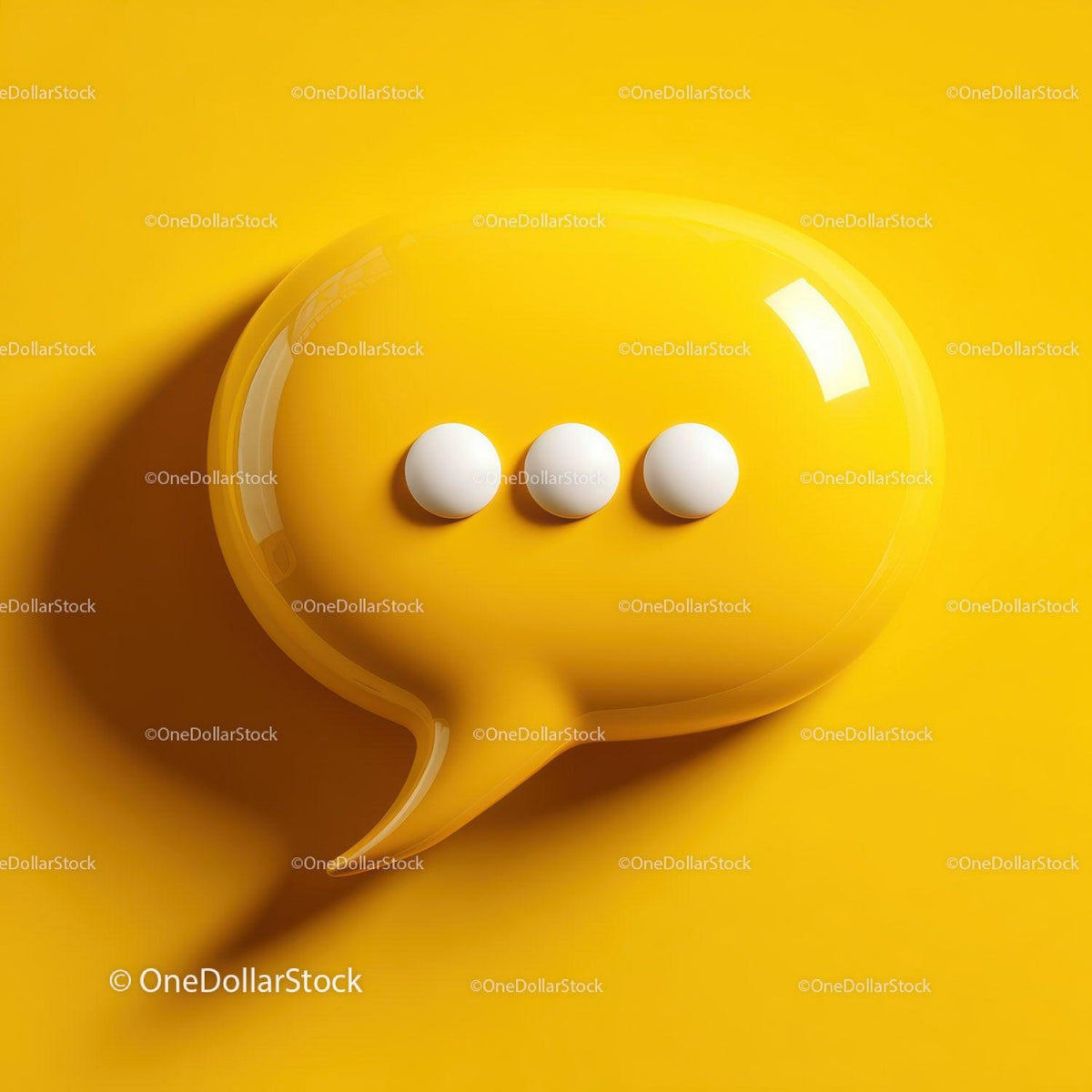 Glossy yellow speech bubble shape with three white dots on yellow background