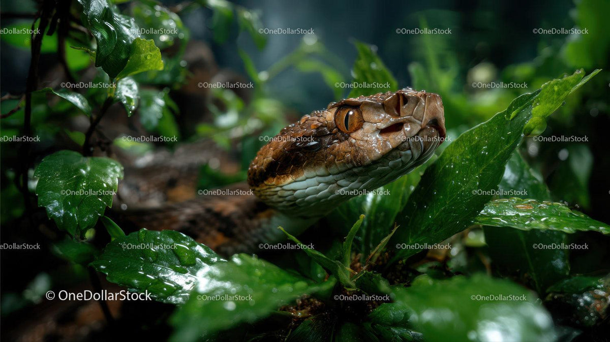 Close-up of a Brown Snake Peeking Through Lush Green Jungle Foliage