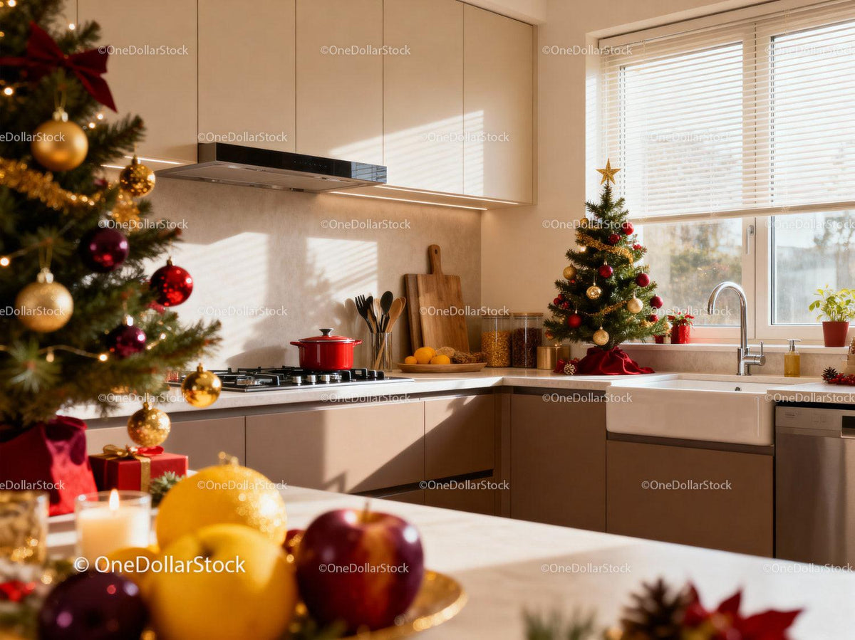 Festive kitchen featuring modern decor and Christmas trees
