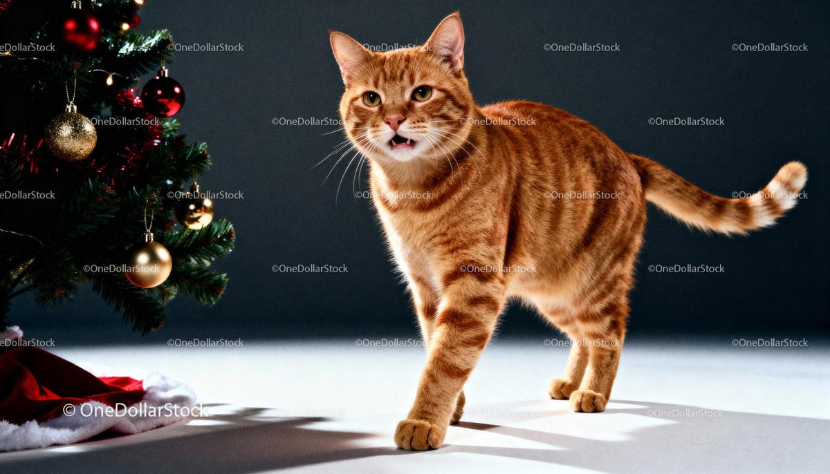 Curious ginger cat exploring near decorated Christmas tree