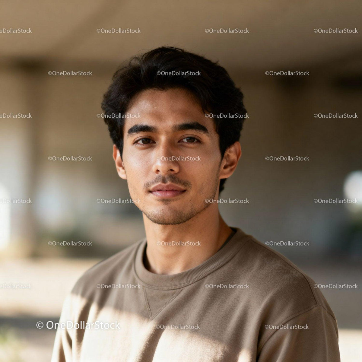 Calm young man with thoughtful expression outdoors
