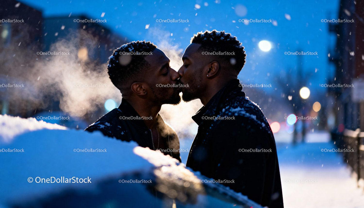 Couple Sharing a Tender Kiss on a Snowy Winter Evening