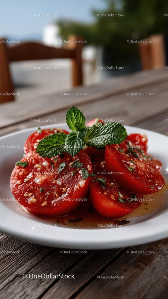 Freshly Sliced Tomatoes with Mint on a Rustic Wooden Table
