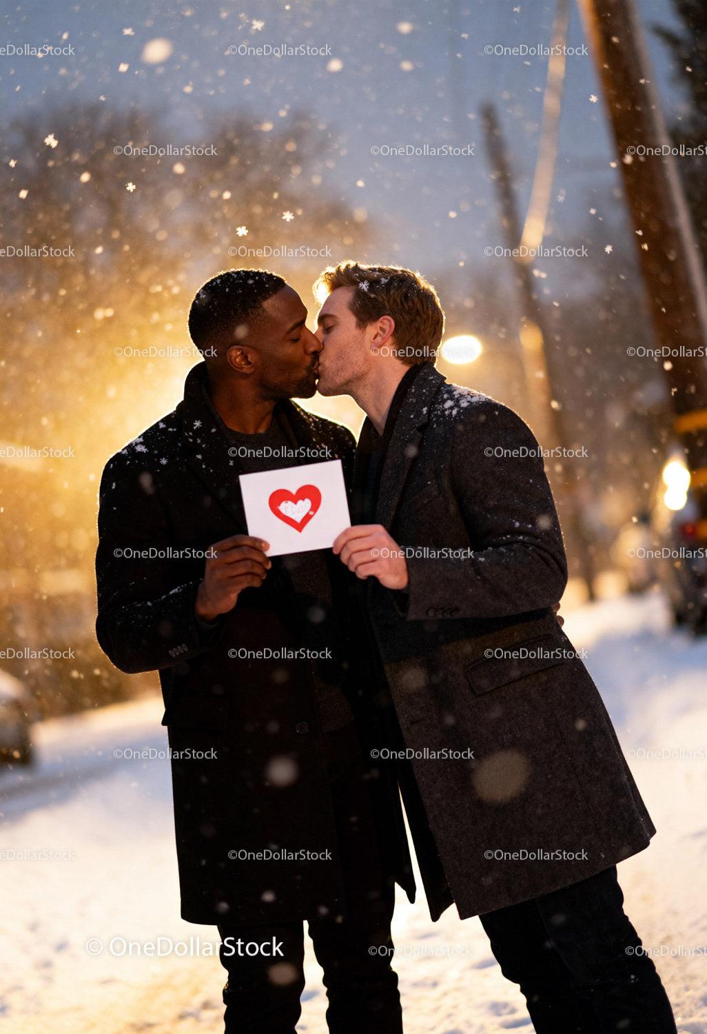 Couple Sharing Romantic Kiss in Snowy Winter Evening
