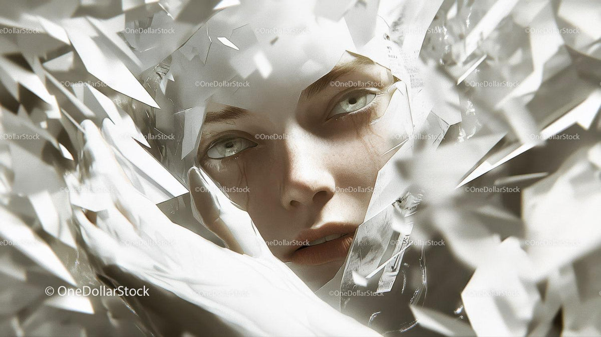 Pale face surrounded by jagged translucent glass shards with soft lighting
