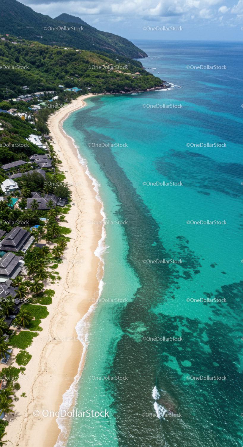 Tropical Beach with Lush Green Hills and Clear Turquoise Ocean