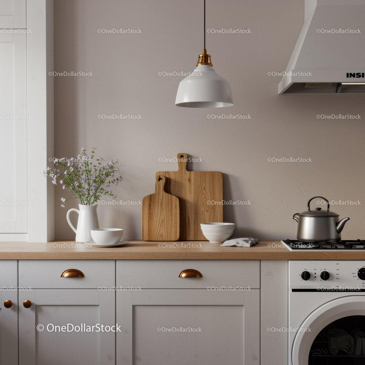 Modern Kitchen with Wooden Cutting Boards and White Bowls