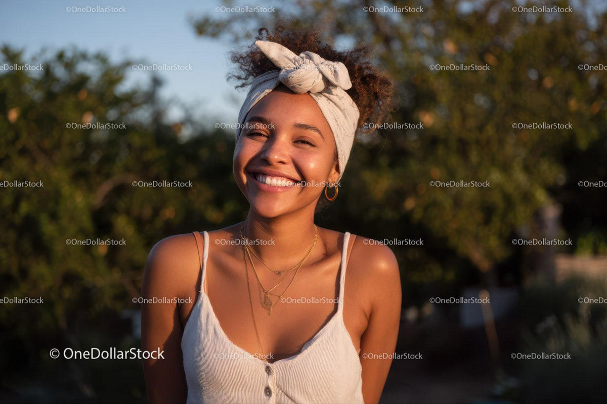 Bright Smiling Woman Outdoor Portrait with Sunlit Background