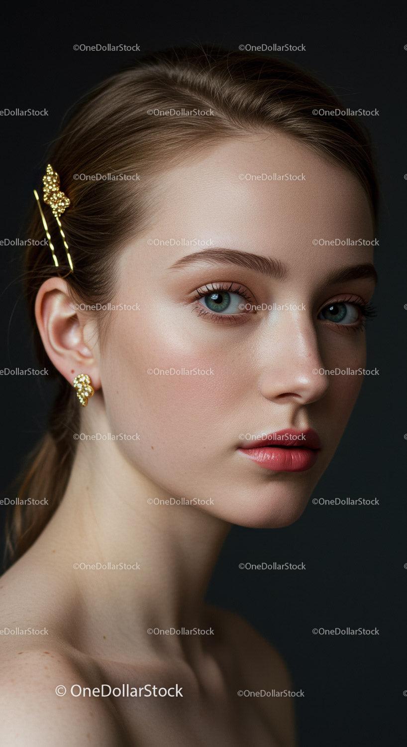 Elegant Young Woman with Blue Eyes Wearing Gold Jewelry for Fashion Photography
