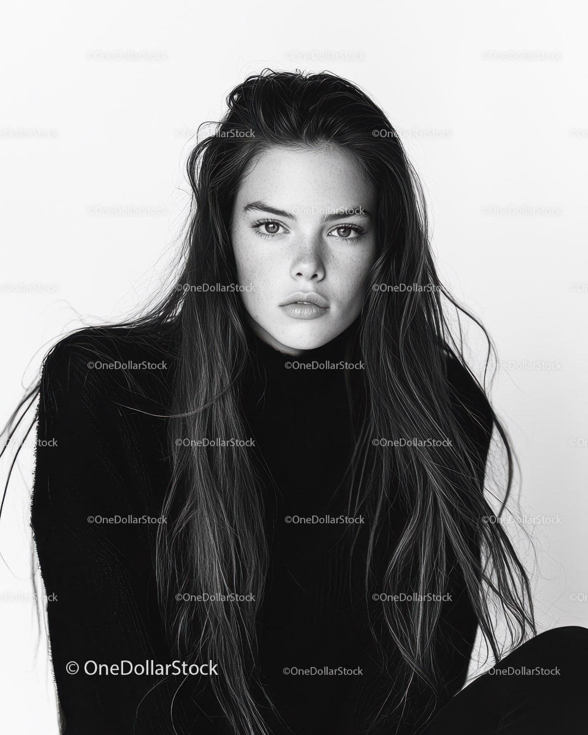 Black and White Portrait of a Young Woman with Long Hair and Intense Gaze
