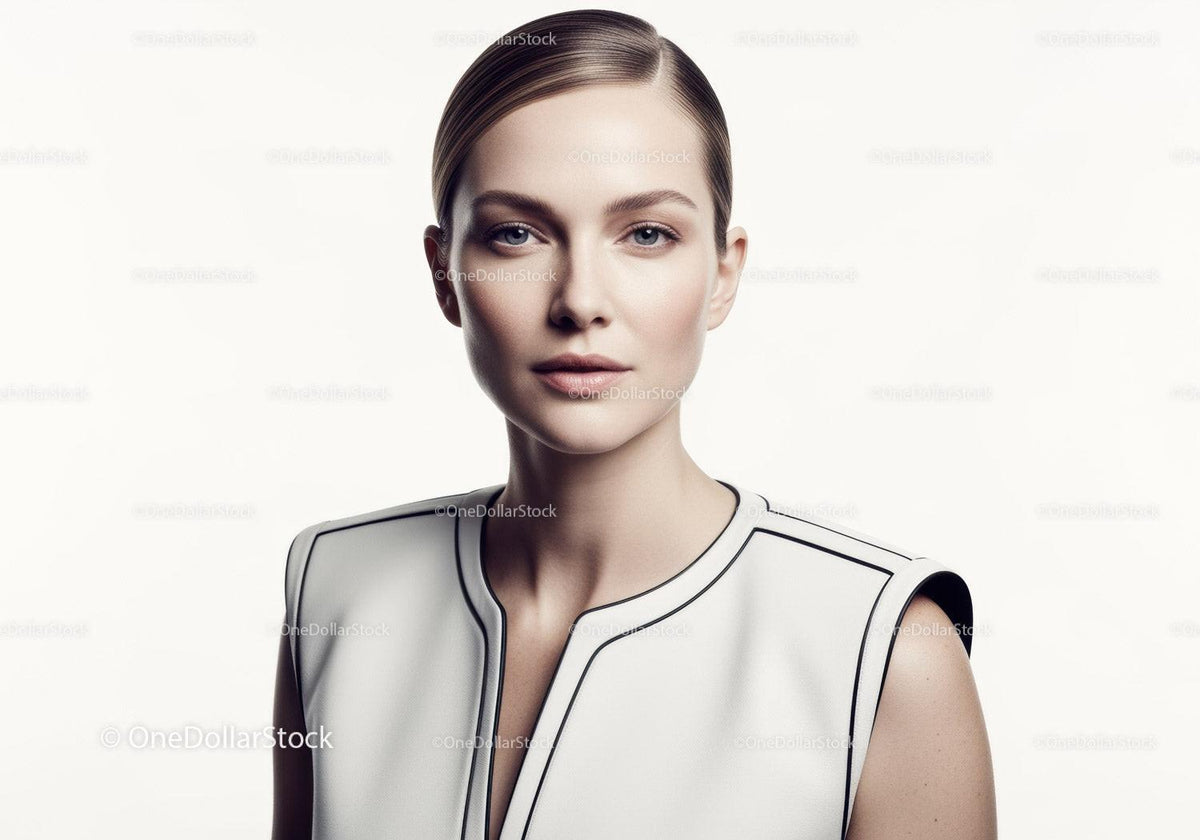 Elegant Woman Portrait in Stylish White Dress with Sophisticated Makeup