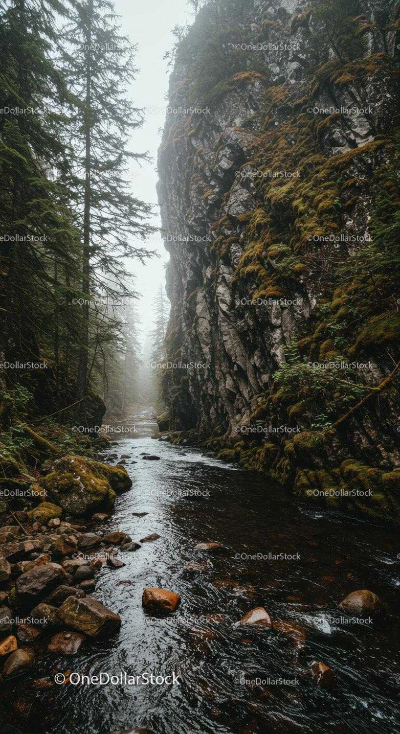 Misty Forest Stream with Rocky Cliffs and Mossy Trees