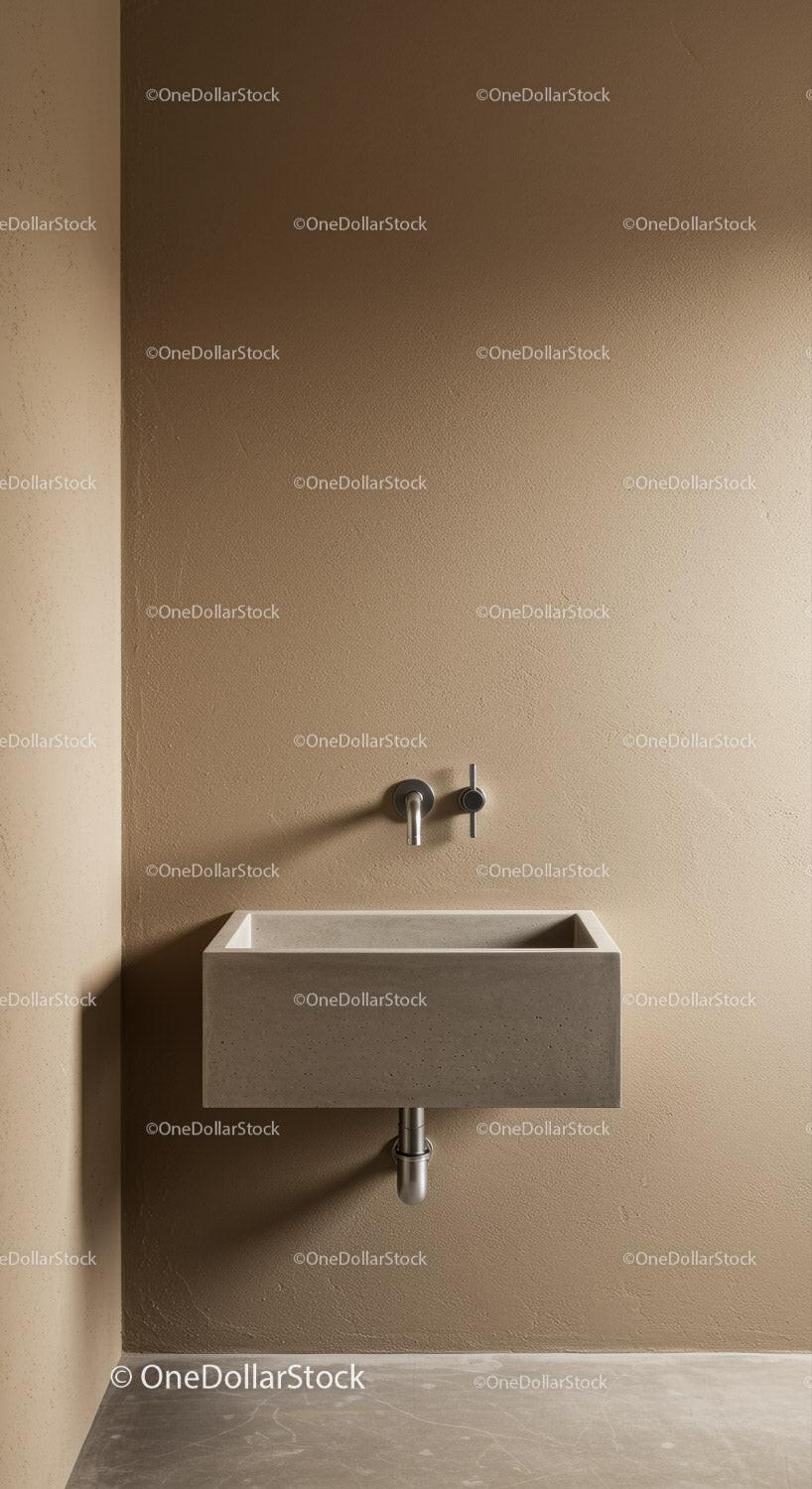 Modern Beige Wall-Mounted Concrete Sink with Metal Faucet in Minimalist Bathroom