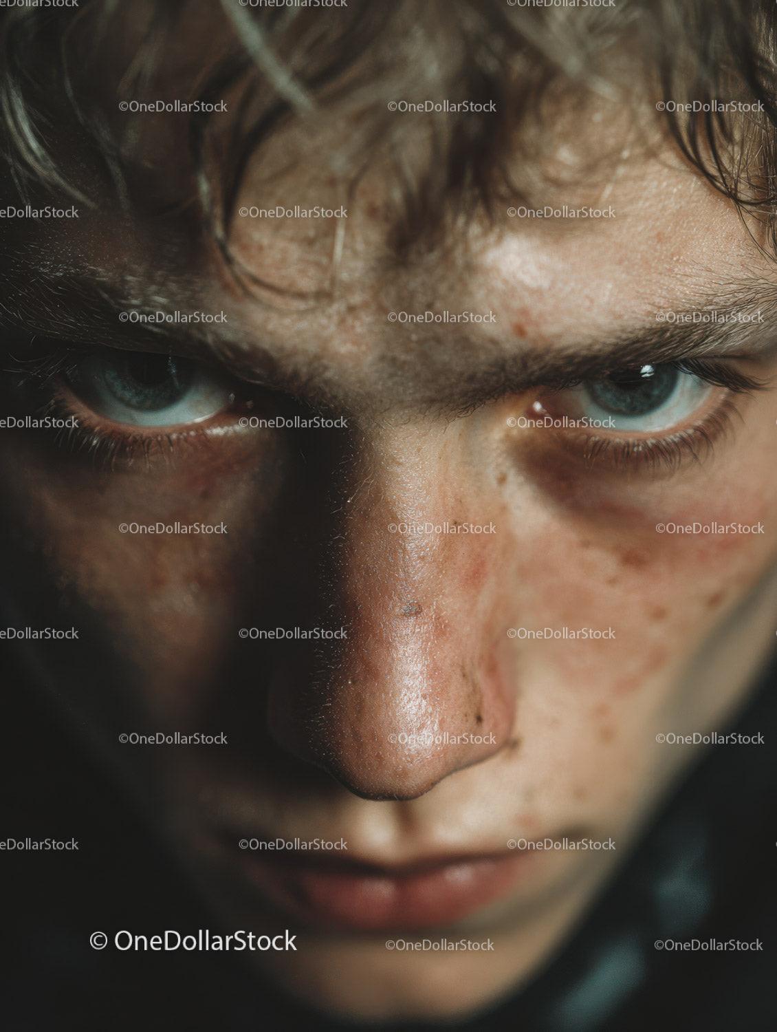 Close-up of Man with Intense Blue Eyes and Freckles in Dramatic Lighting