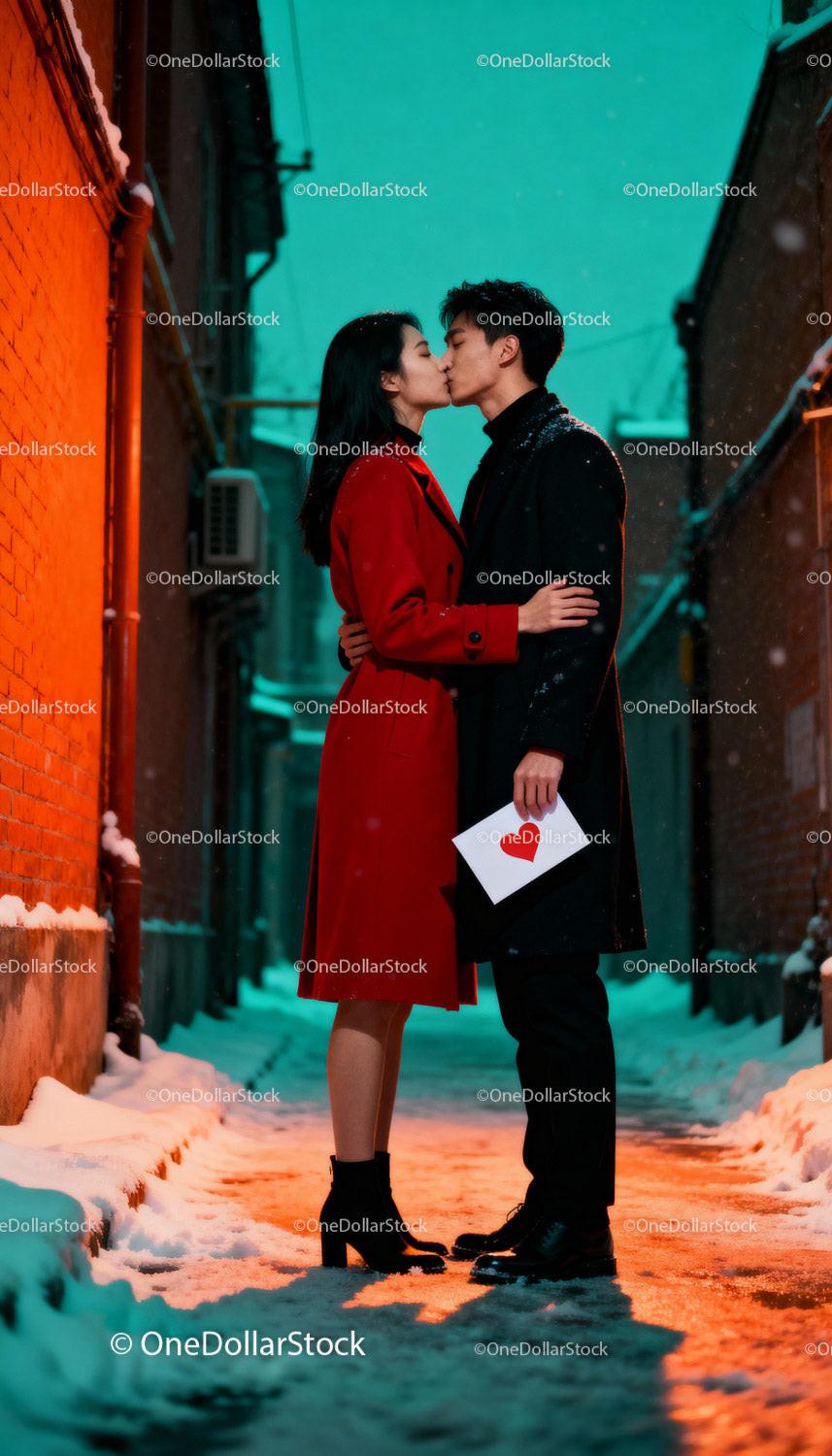 Couple sharing a romantic kiss in snowy alleyway at dusk