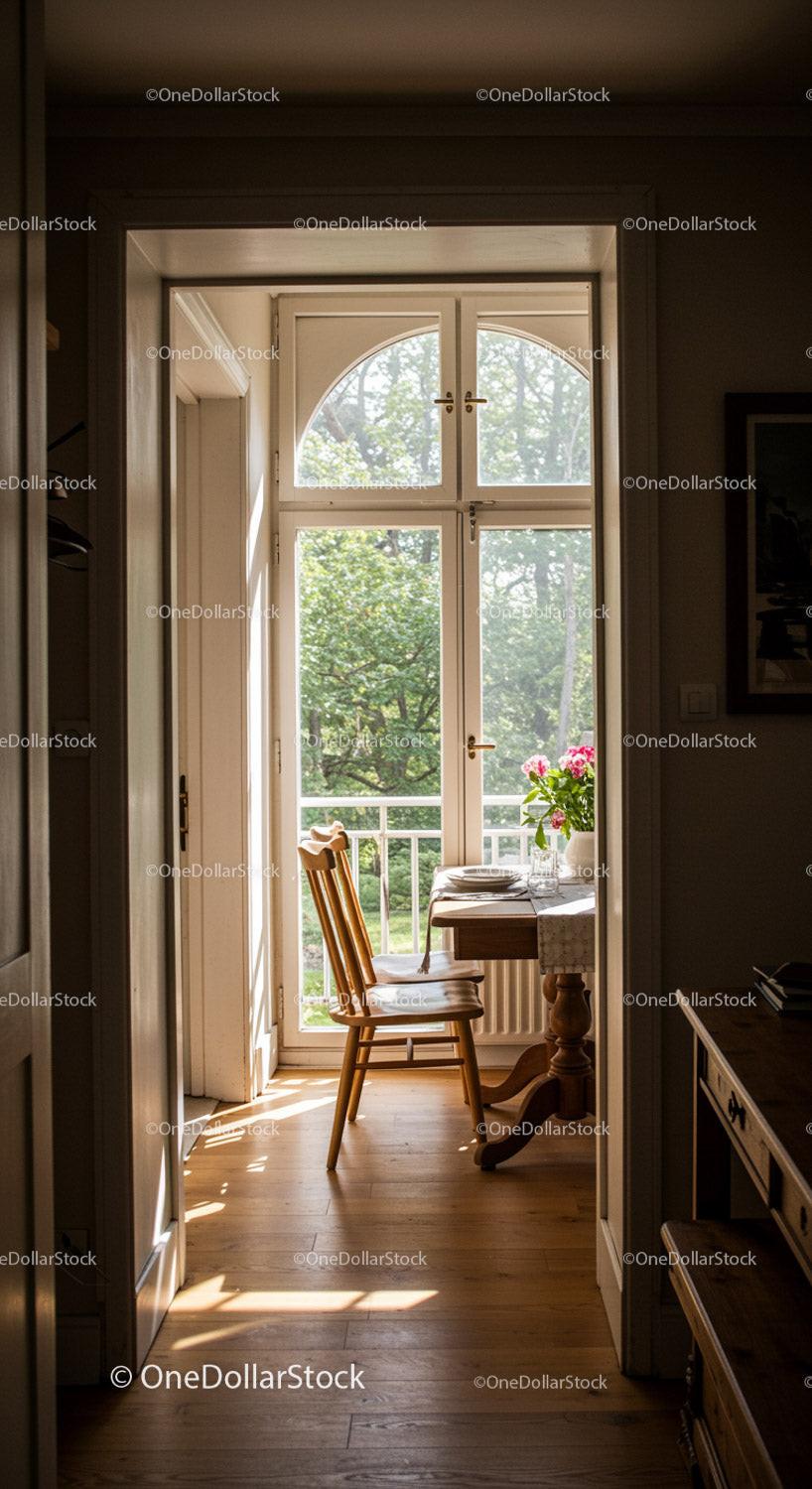 Cozy indoor space with large glass door to garden