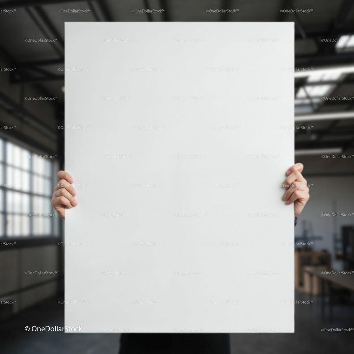 Person Holding Blank Poster in Industrial Workspace JPG Mockup Image preview