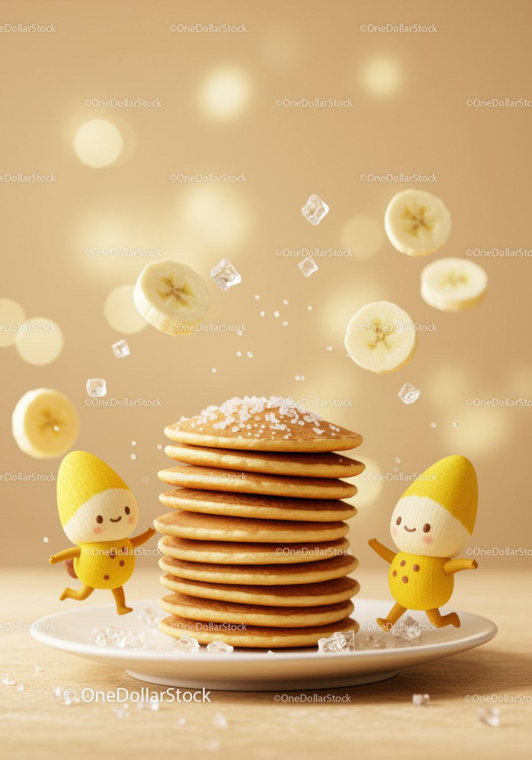 Stack of pancakes with banana slices and happy characters
