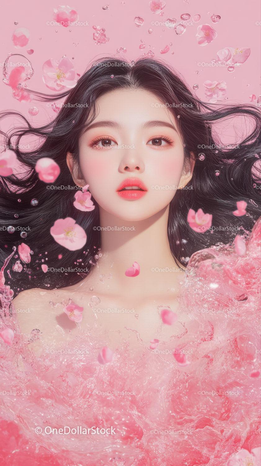 Young woman with long black hair surrounded by floating pink flower petals in pink water