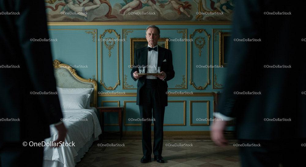 Elegant Waiter in a Luxurious Vintage Setting Serving Drinks Stock Photo Bundle preview 5