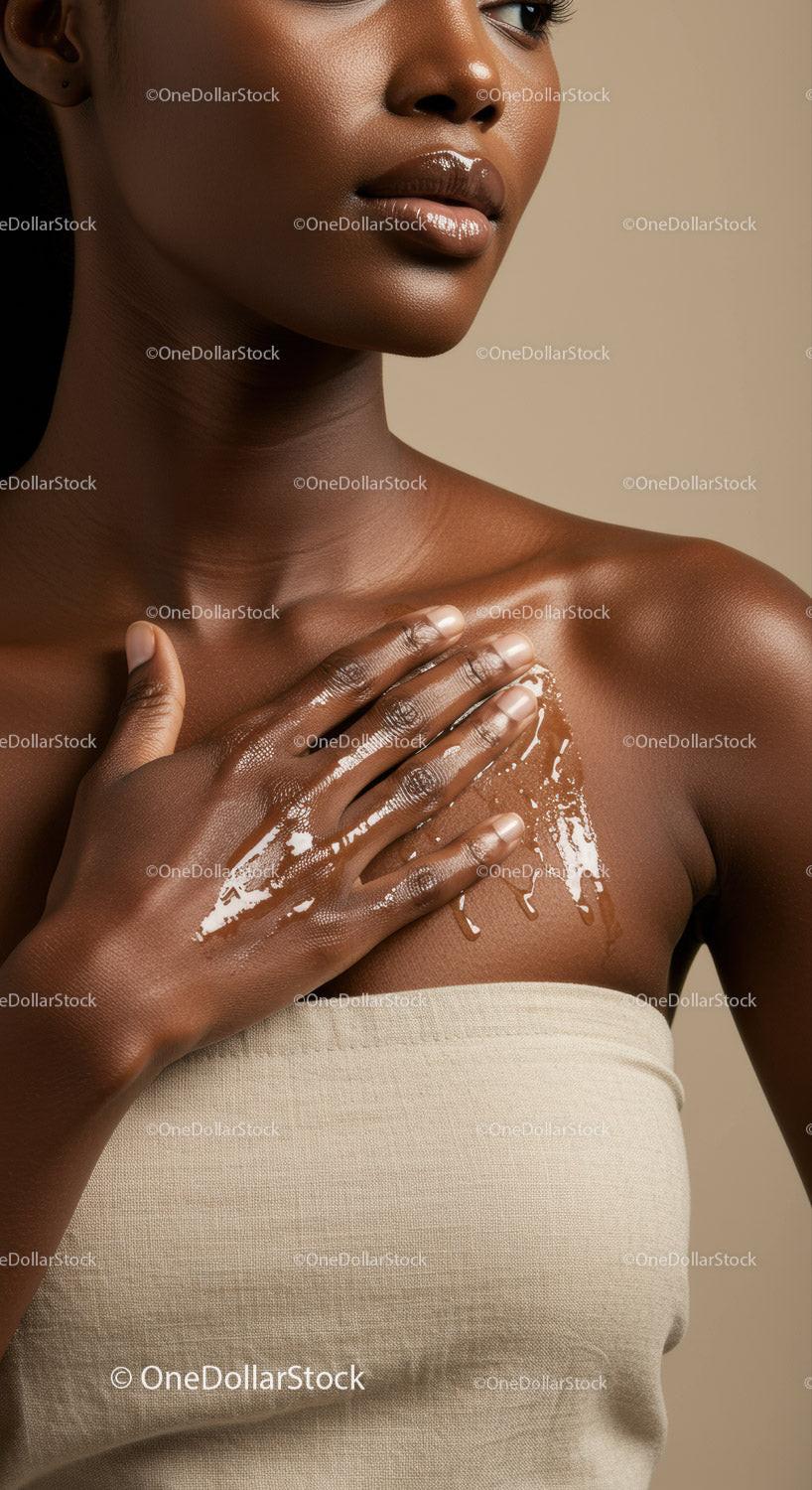 Close-up Portrait of a Dark-Skinned Woman with Glossy Lips and Smooth Skin