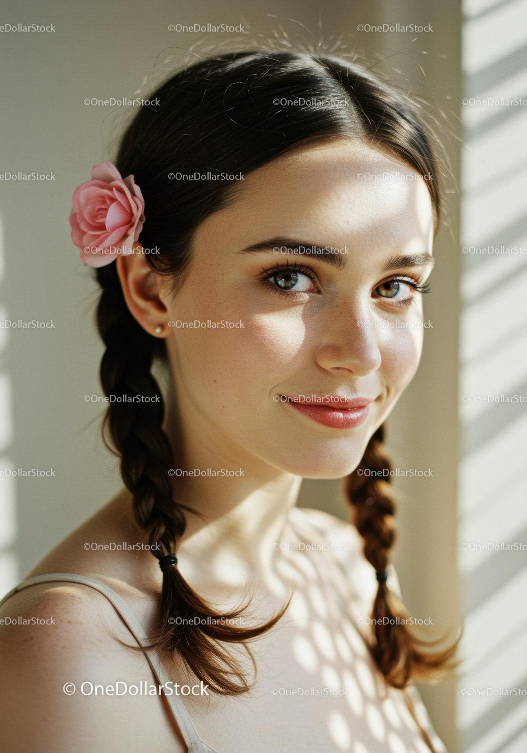 Beautiful Young Woman with Braided Hair and Pink Flower Accessory