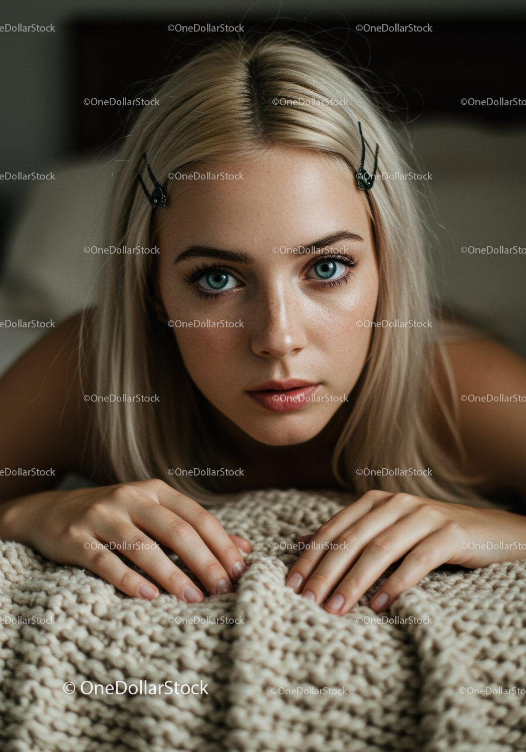Young Woman with Blonde Hair and Blue Eyes in Cozy Indoor Setting