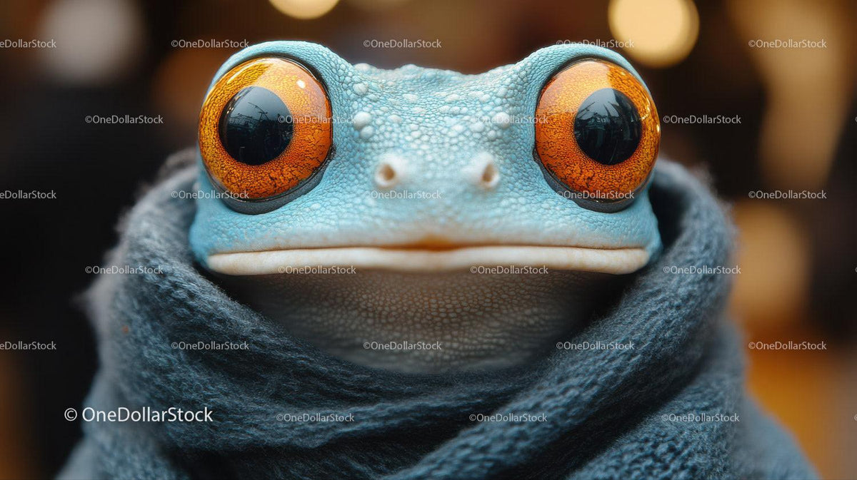 Close-up of blue frog with large orange eyes wearing gray scarf