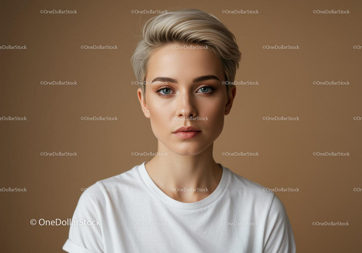 Portrait of a confident blonde woman with blue eyes in minimalist setting