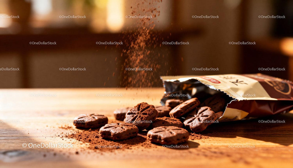 Chocolate cookies spilling with cocoa powder dust
