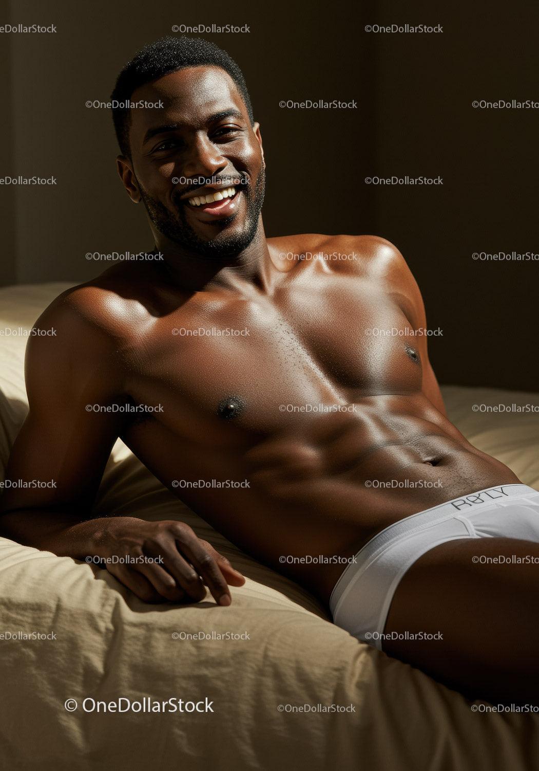 Smiling muscular man relaxing in white underwear
