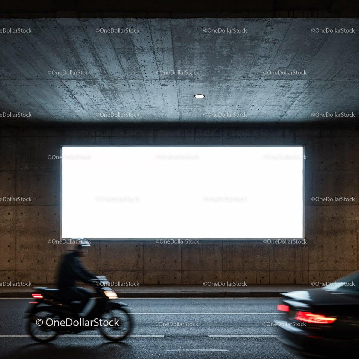 Motorcyclist and car passing under urban concrete tunnel JPG Mockup Image preview