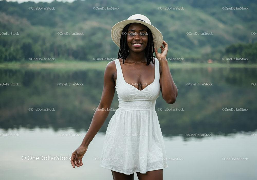 Joyful Woman in Summer Dress and Straw Hat by Lake