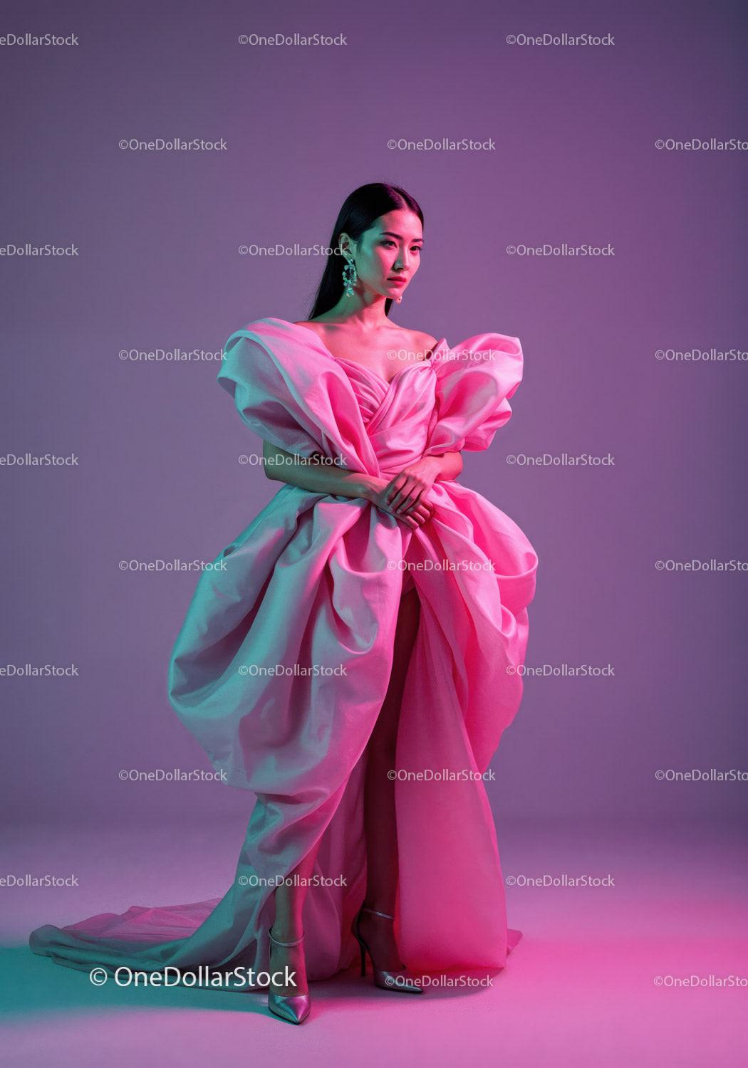 stock photo bundle made with Elegant Female Model in Pink Dress with Vibrant Studio Lighting Stock Photo Bundle