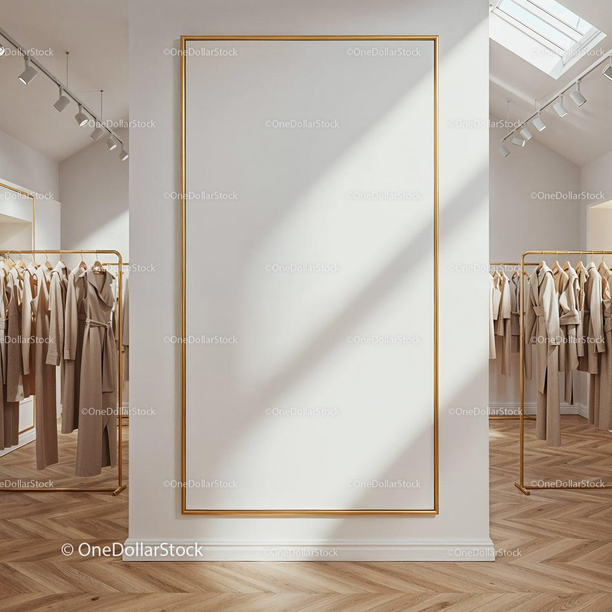 Elegant Clothing Display with Large Gold Framed Poster JPG Mockup Image preview