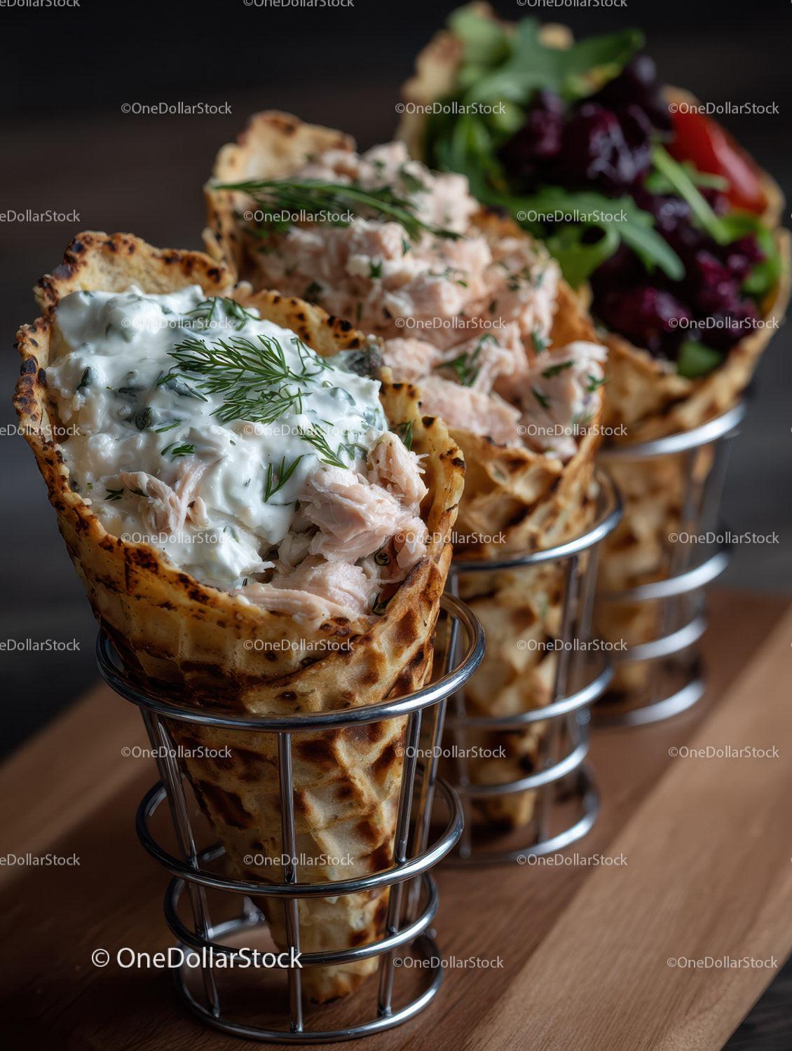 Assorted Ice Cream Cones with Yogurt and Smoked Salmon on Waffle Cones