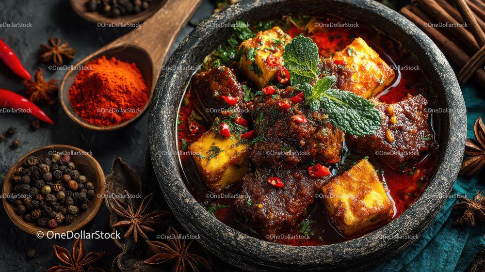 Spicy Asian Beef Stew with Rice and Fresh Herbs in a Black Stone Bowl Stock Photo Bundle preview 5
