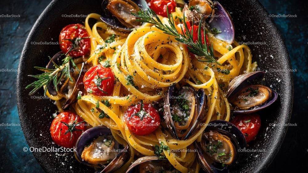 Creamy Fettuccine Pasta with Cherry Tomatoes and Basil Stock Photo Bundle preview 5