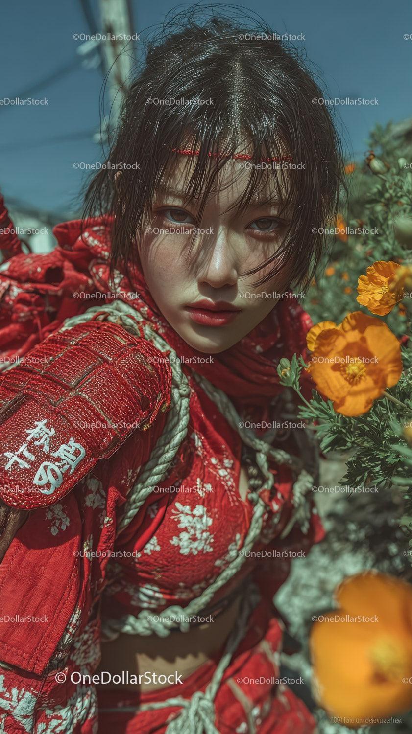 Young Woman in Red Streetwear with Wet Hair and Vibrant Orange Flowers