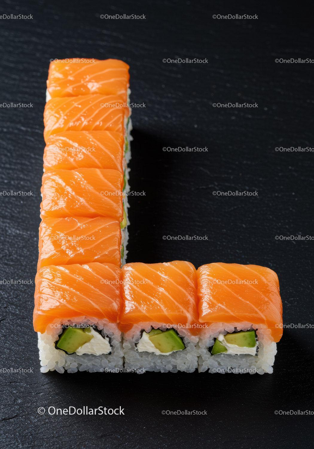 Fresh salmon sushi rolls arranged in L shape on black slate